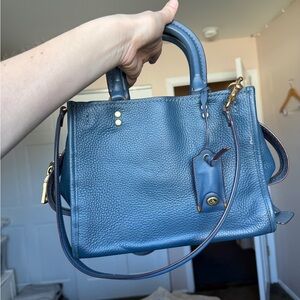 Coach Pebbled Leather Crossbody Satchel in Teal Blue with Gold Hardware